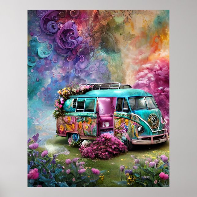 Carruagem doce Combi com flores Poster dos anos 70 (Frente)