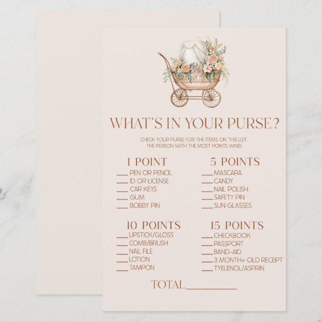 Carruagem Floral O que há no jogo do Chá de fralda (Frente/Verso)