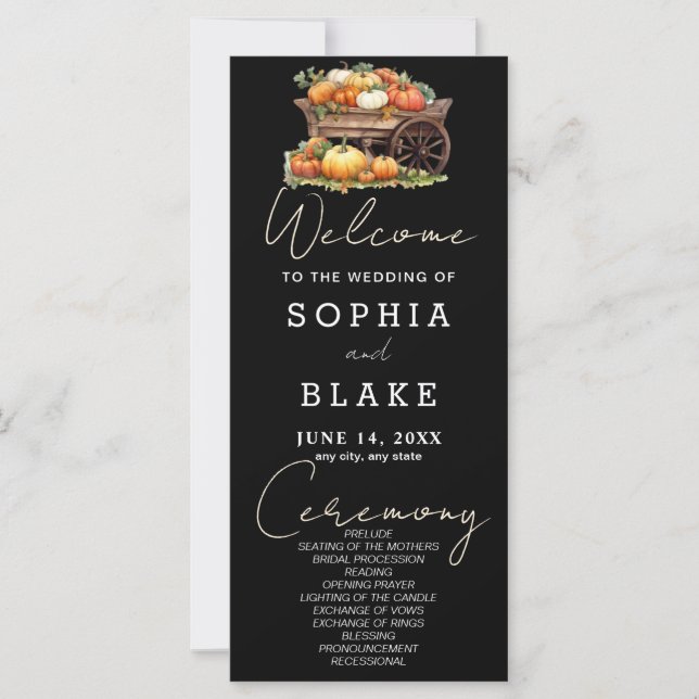 Cart of Pumpkins Fall Black Wedding Program (Frente)