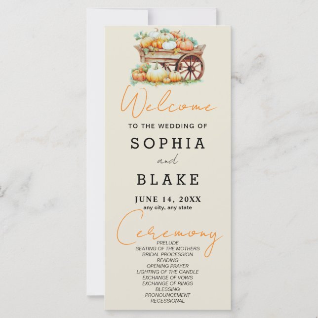 Cart of Pumpkins Fall White Ash Wedding Program (Frente)