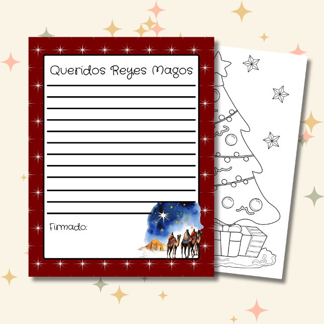 Carta aos Três Sábios Vermelho + Página de Coloraç (Spanish Letter to the wise men red, custom text & kids name. Con Jesus en el camino)