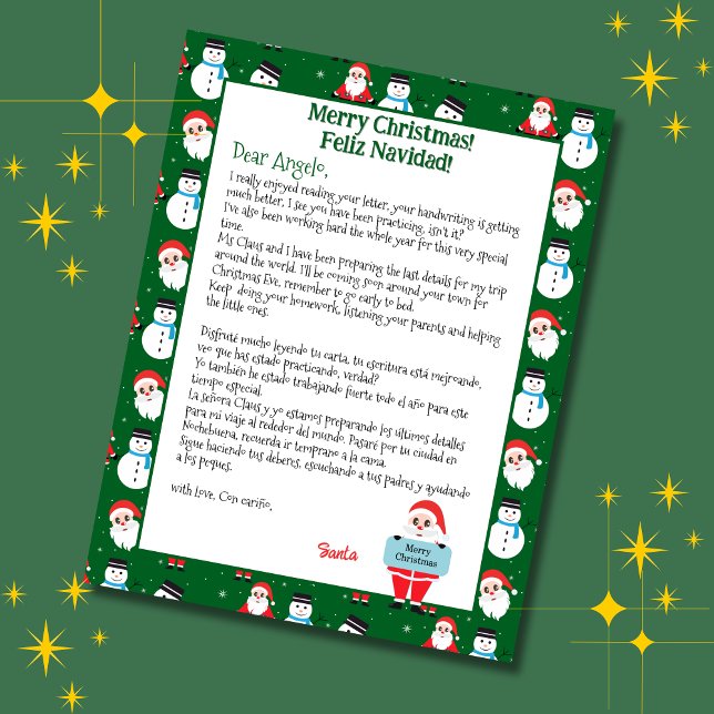 Carta Bilingue de Natal do Papai Noel para Criança (Green bilingual letter from Santa Christmas, personalized name & Spanish Text. Multilingual Project)