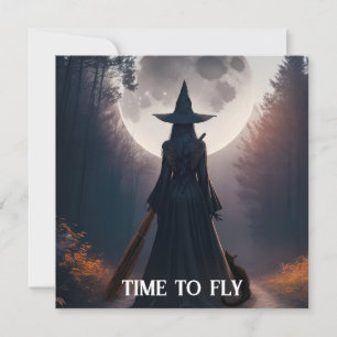 Carta da Bruxa de Outono com Gato Preto sob a Lua 