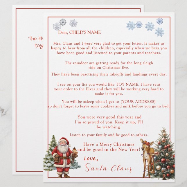 Carta do Papai Noel Flocos de Neve Rena (Frente/Verso)