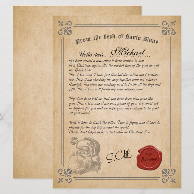 Carta Oficial Do Cartão De Férias Do Pai Natal (Frente/Verso)