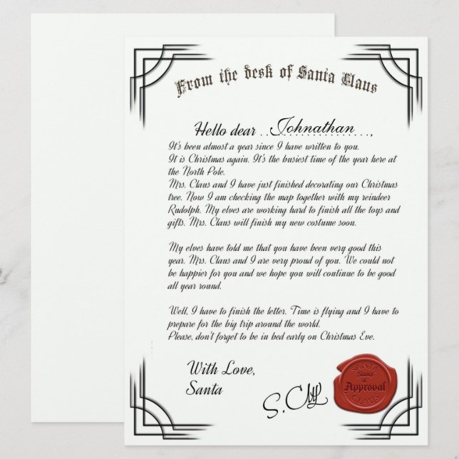 Carta Oficial Do Cartão De Férias Do Papai Noel (Frente/Verso)