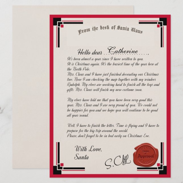 Carta Oficial Do Cartão De Férias Do Papai Noel (Frente/Verso)