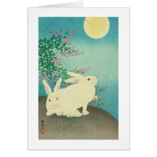 Cartão 月と兎, coelhos do 古邨 & lua, Koson, Ukiyo-e