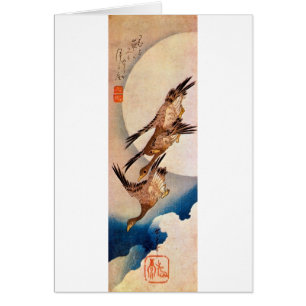 Cartão 月に雁, lua do 広重 & ganso selvagem, Hiroshi