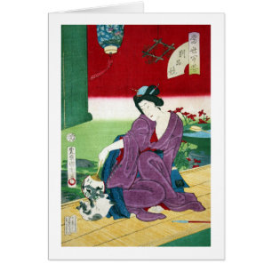 Cartão 猫 と 女, 国 Cat e Mulher, Toyohara Kunichika, Ukiyo-e
