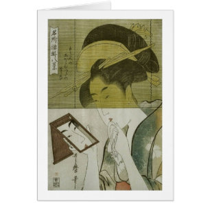 Cartão 鏡を見る女, mulher que vê o espelho, Utamaro
