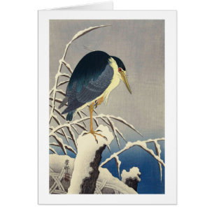 Cartão 雪に青サギ, garça-real azul na neve, Ohara K