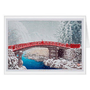 Cartão 雪 の 橋, neve na ponte sagrada em Nikkô, Hasui