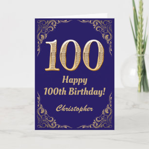 Cartão 100º aniversário Marinho azul e Dourado quadro bri
