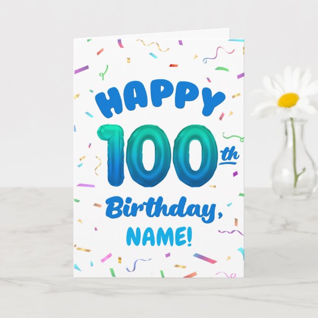Cartão 100th Balloon Number Custom Name Birthday Card (Planta pequena)