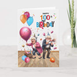 Cartão 100th Birthday Funny Old Man and Woman Balloons