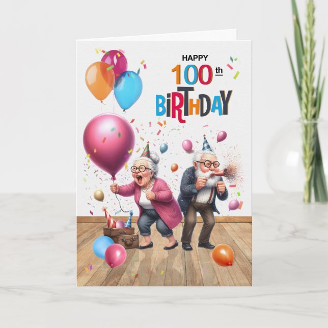 Cartão 100th Birthday Funny Old Man and Woman Balloons (Frente)