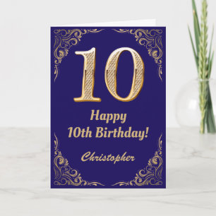 Cartão 10.º aniversário Marinho azul e Dourado quadro bri