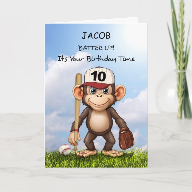 Cartão 10.º aniversário Personalize a bola de macaco-beis (Frente)