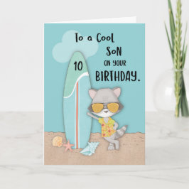 Cartão 10 anos Filho Birthday Beach Funny Legal Raccoon
