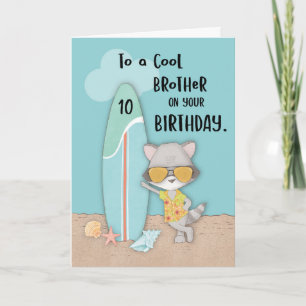 Cartão 10 anos Irmão Birthday Beach Funny Legal Raccoon