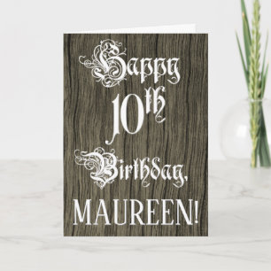 Cartão 10.o aniversário: Rico, Texto Elegante; Faux Wood