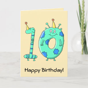 Cartão 10th Birthday Cartoon, Teal Green and Blue.