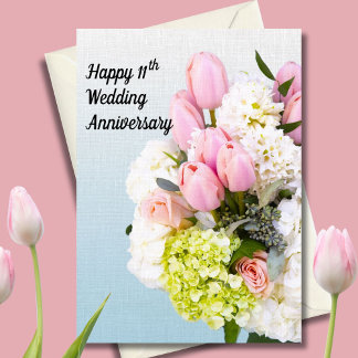 Cartão 11º Aniversário de Casamento Tulipas Rosa e Hortên