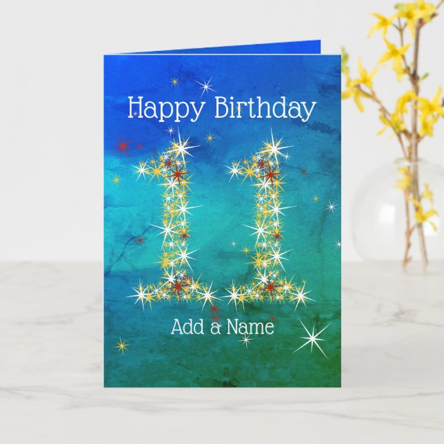 Cartão 11 Aniversário - Números das Estrelas - Verde Azul (Flor Amarela)