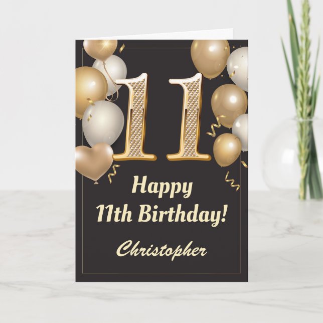 Cartão 11 Birthday Black and Dourado Balloons Confetti (Frente)
