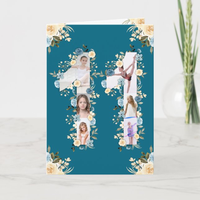Cartão 11 Birthday Foto Collage Yellow Flower Teal (Frente)