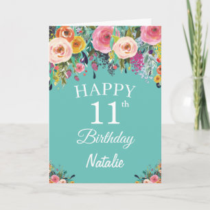Cartão 11 Birthday Watercolor Floral Flowers Teal