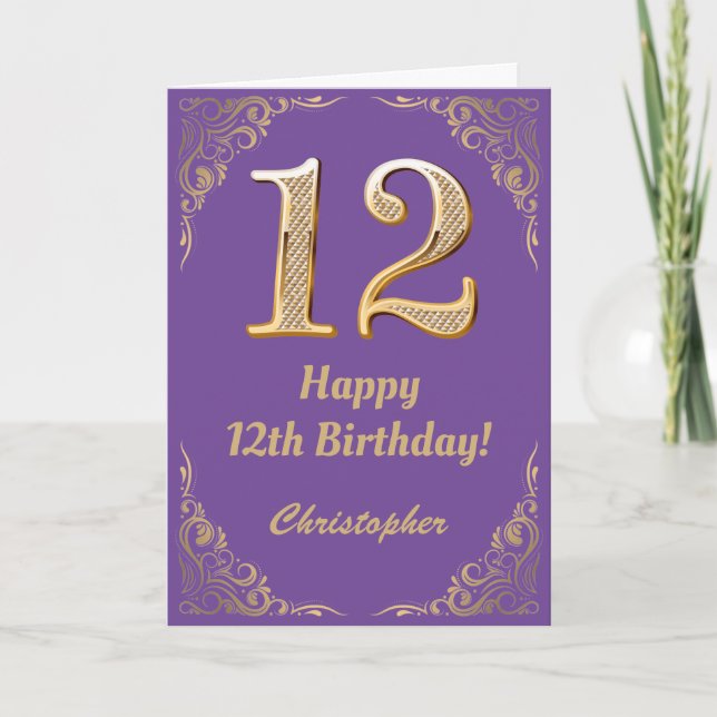 Cartão 12 Aniversário Roxo e Dourado Quadro Glitter (Frente)