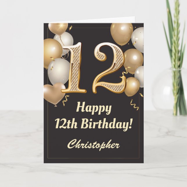 Cartão 12 Birthday Black and Dourado Balloons Confetti (Frente)