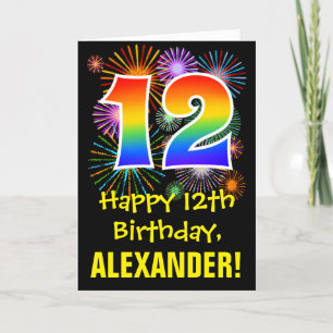 Cartão 12th Birthday: Fun Fireworks Pattern + Rainbow 12