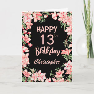 Cartão 13 Aniversário Pink Peach Aquarela Floral Preto