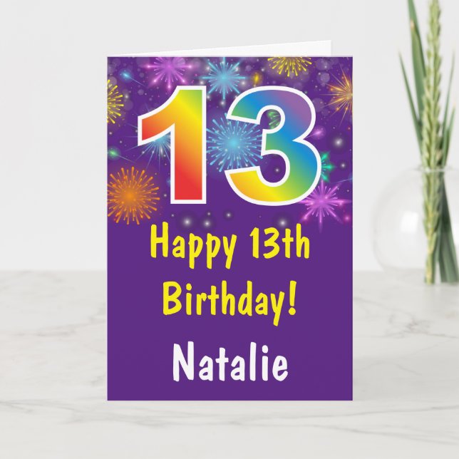 Cartão 13 Birthday Colorous Rainbow Fireworks Purple (Frente)