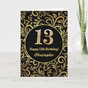 Cartão 13 Birthday - Padrão Floral Dourado e Preto