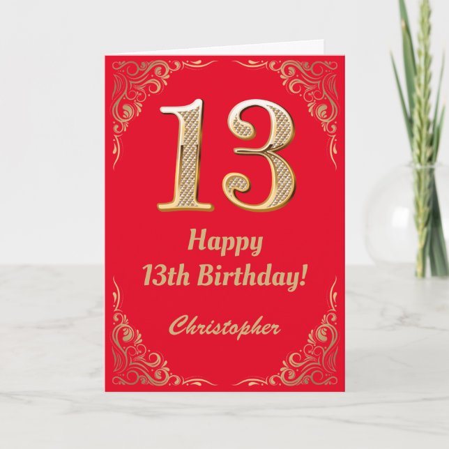 Cartão 13 Birthday Red and Dourado Glitter Frame (Frente)