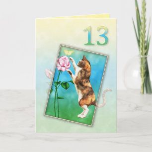 Cartão 13 de aniversário com um gato brincalhão