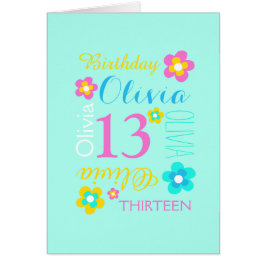 Cartão 13 de aniversário flor personalizada aqua cor-de-r