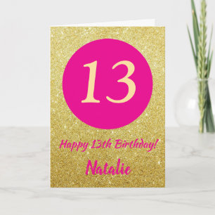 Cartão 13 Feliz Aniversário Rosa Quente e Dourado Brilho
