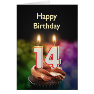 Cartão 14 Aniversário com bolo e velas