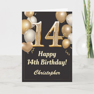 Cartão 14 Birthday Black and Dourado Balloons Confetti