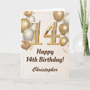 Cartão 14 Birthday Dourado Balloons e Confetti Aniversári