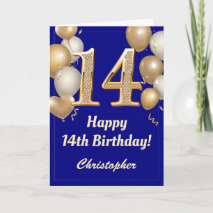 Cartão 14 Birthday Marinho Azul e Dourado Balões Confetti