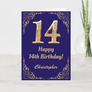 Cartão 14 Birthday Marinho Azul e Dourado Quadro Glitter