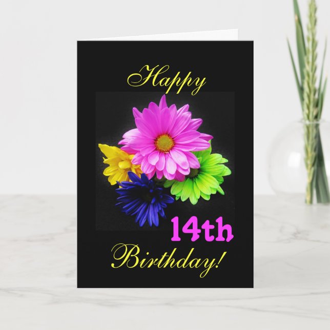 Cartão 14 Birthday Neon daisies (Frente)