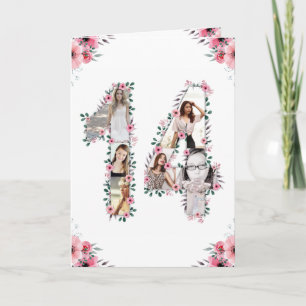 Cartão 14 de Aniversário Foto Collage Girl Pink Flower Wh