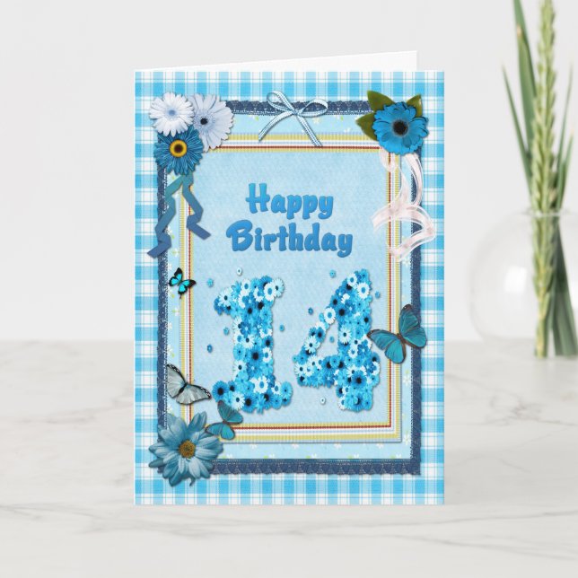 Cartão 14o Aniversário com um efeito do álbum de recortes (Frente)